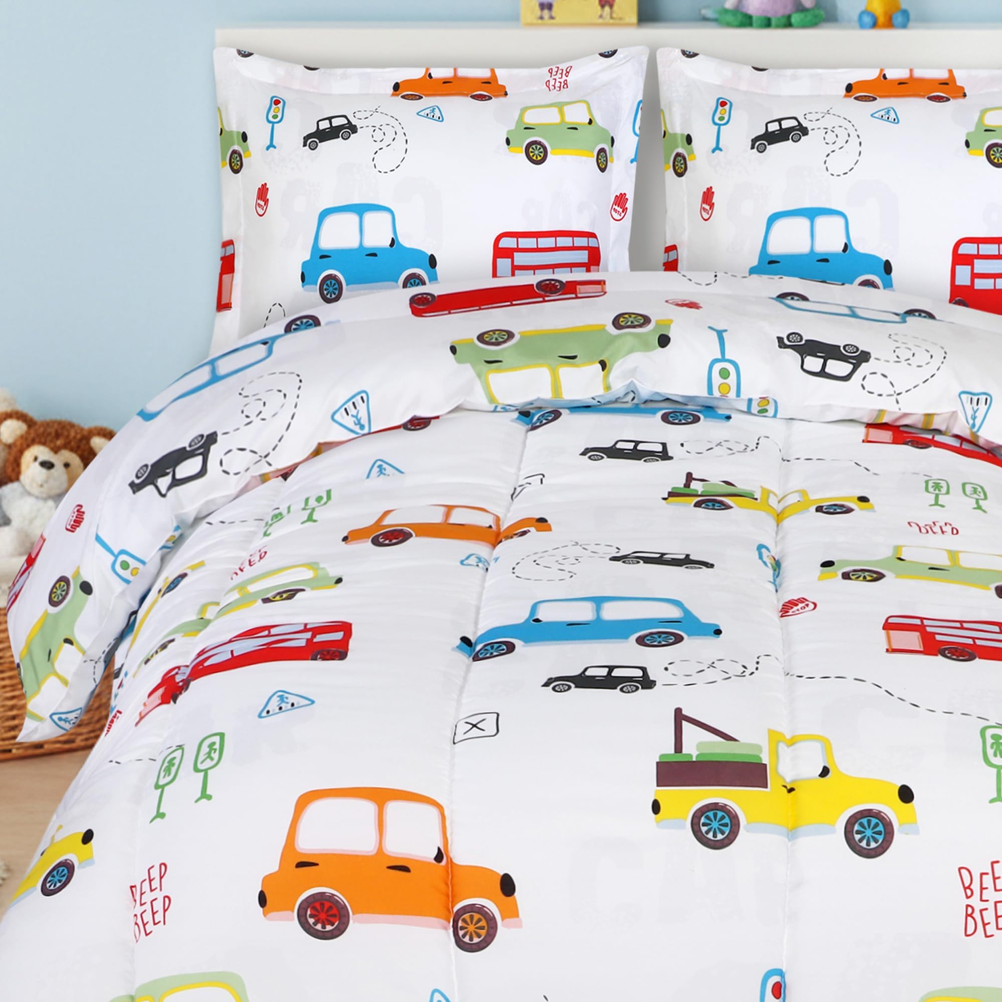 Utopia Bedding Car Kids Comforter Set with 2 Pillow Shams, 3 Piece Soft Microfiber Twin Bed Comforter with Pillow Shams, Printed Kids Bedding for Boys and Girls, Lightweight, Breathable,Easy Care