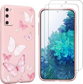 Pink Butterfly Phone Case for Samsung Galaxy S20 FE 5G 6,5 with 2X Tempered Glass Screen Protectors, Liquid Silicone Phone Cover Anti-Scratch Soft Protection Funda for Girls Women, 01