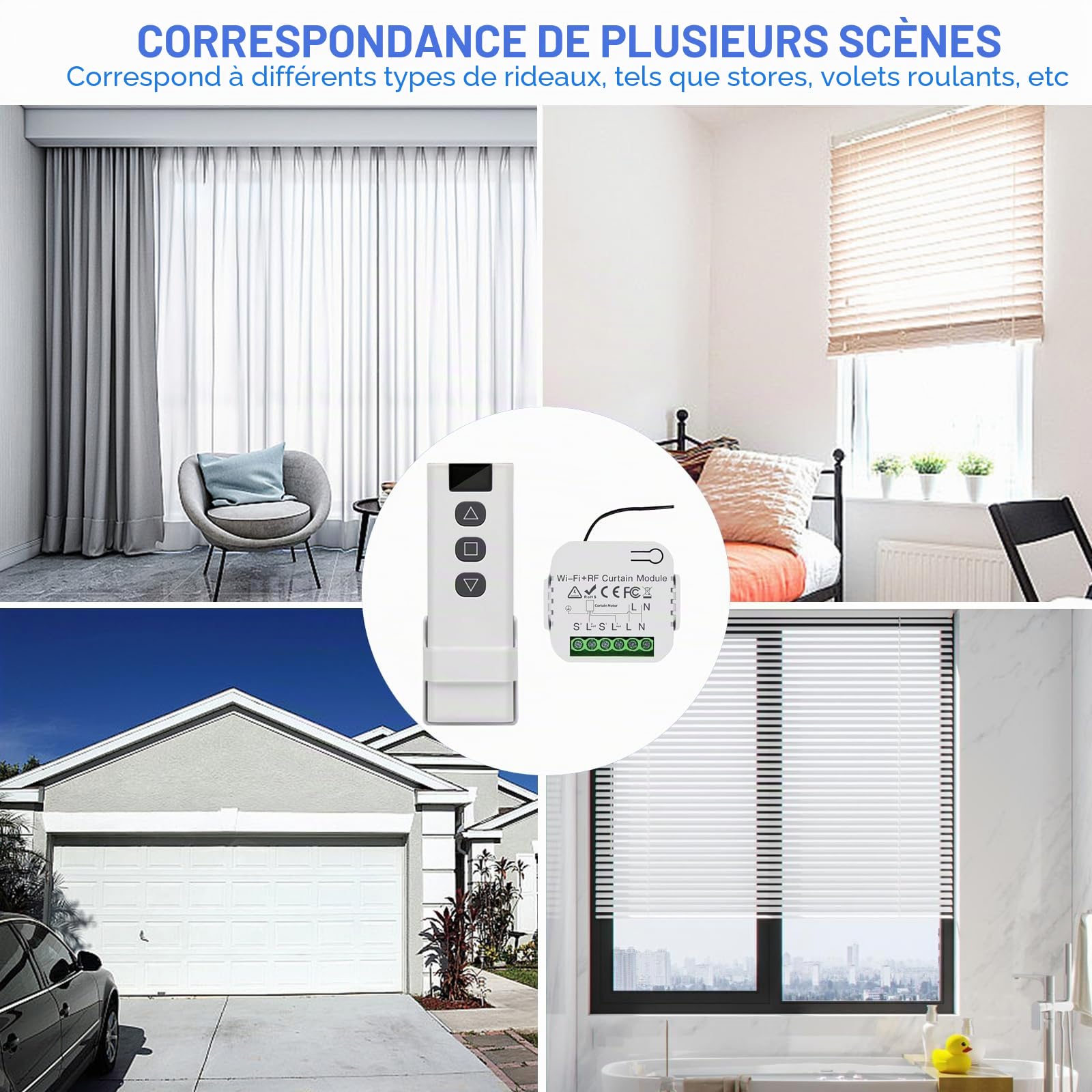 Kit de commande de volet roulant sans fil, télécommande avec module WIFI-RF et module de récepteur, interrupteur sans fil pour volets roulants, stores, application Wi-Fi Tuya compatible avec