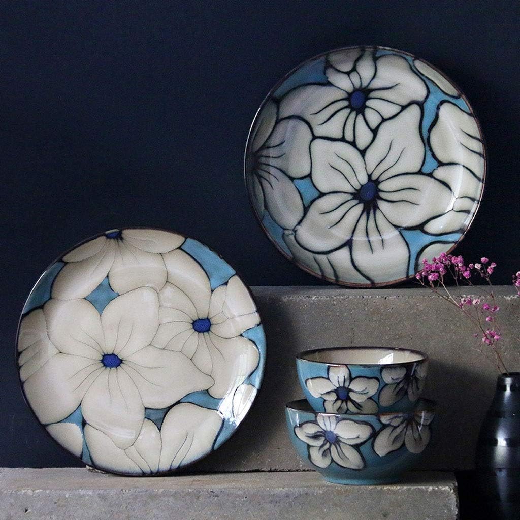Retro Ceramic Tableware Serving Plate Deep Round Salad Bowl Combination Creative Lily Flower Hand Drawn Pattern
