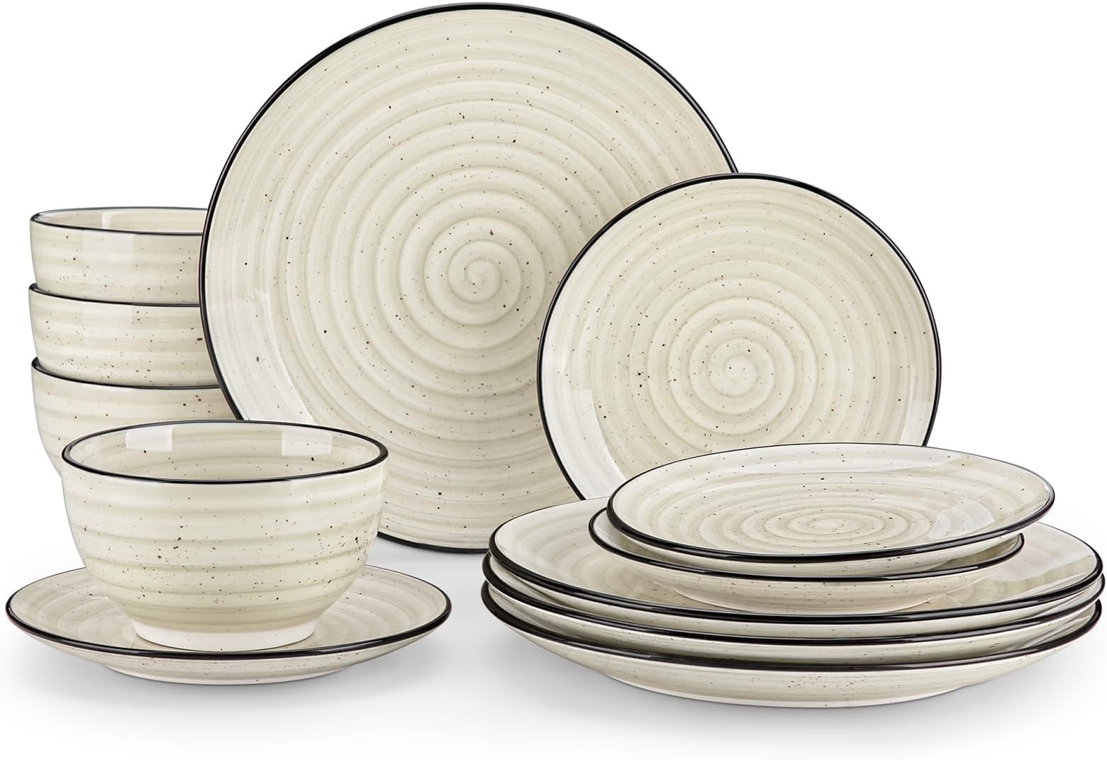 vancassoBonbon Dinner Set, 12-Pieces Dinner Set for 4, Double-Sided Handpainted Swirls Plates and Bowls Set, Include Dinner Plates, Dessert Plates and Cereal Bowl, Beige