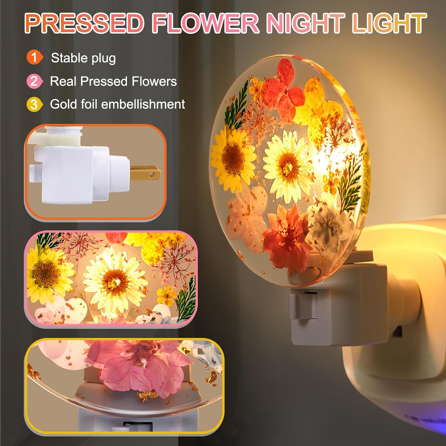 Glooglitter Pressed Flower Night Light Plug in - Handmade Dried Floral Wall Night Light, Soft Glow Decorative Nightlight for Hallway Bedroom Nursery Bathroom, Vintage Botanical Home Decor(Fresh Color)