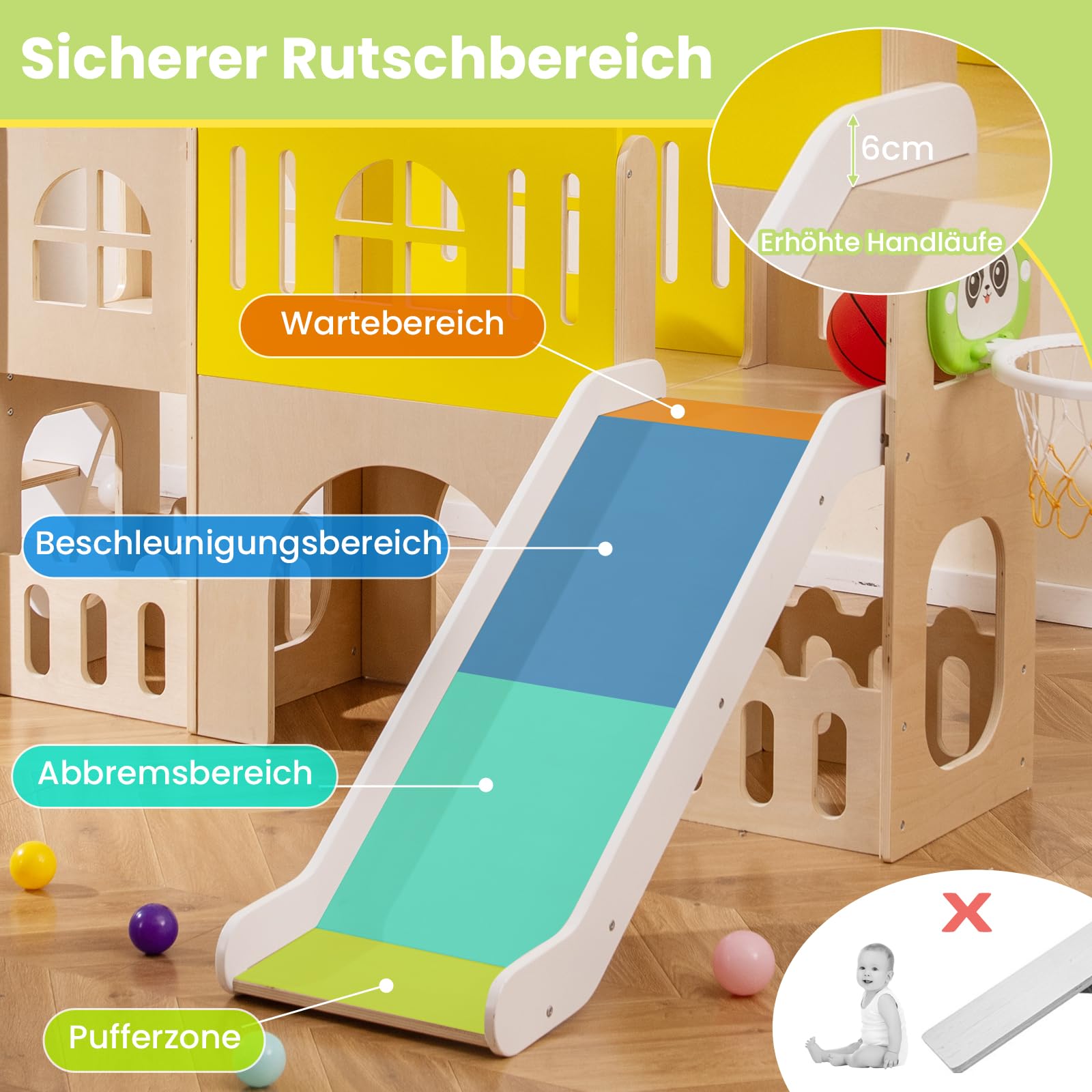 COSTWAY 7-in-1 Kinder Rutsche, Kinderrutsche mit Kletterleiter & Basketballkorb & Tunnel & Stauraum, Klettergerüst Indoor, Holz Spielplatz für Kinder ab 3 Jahren
