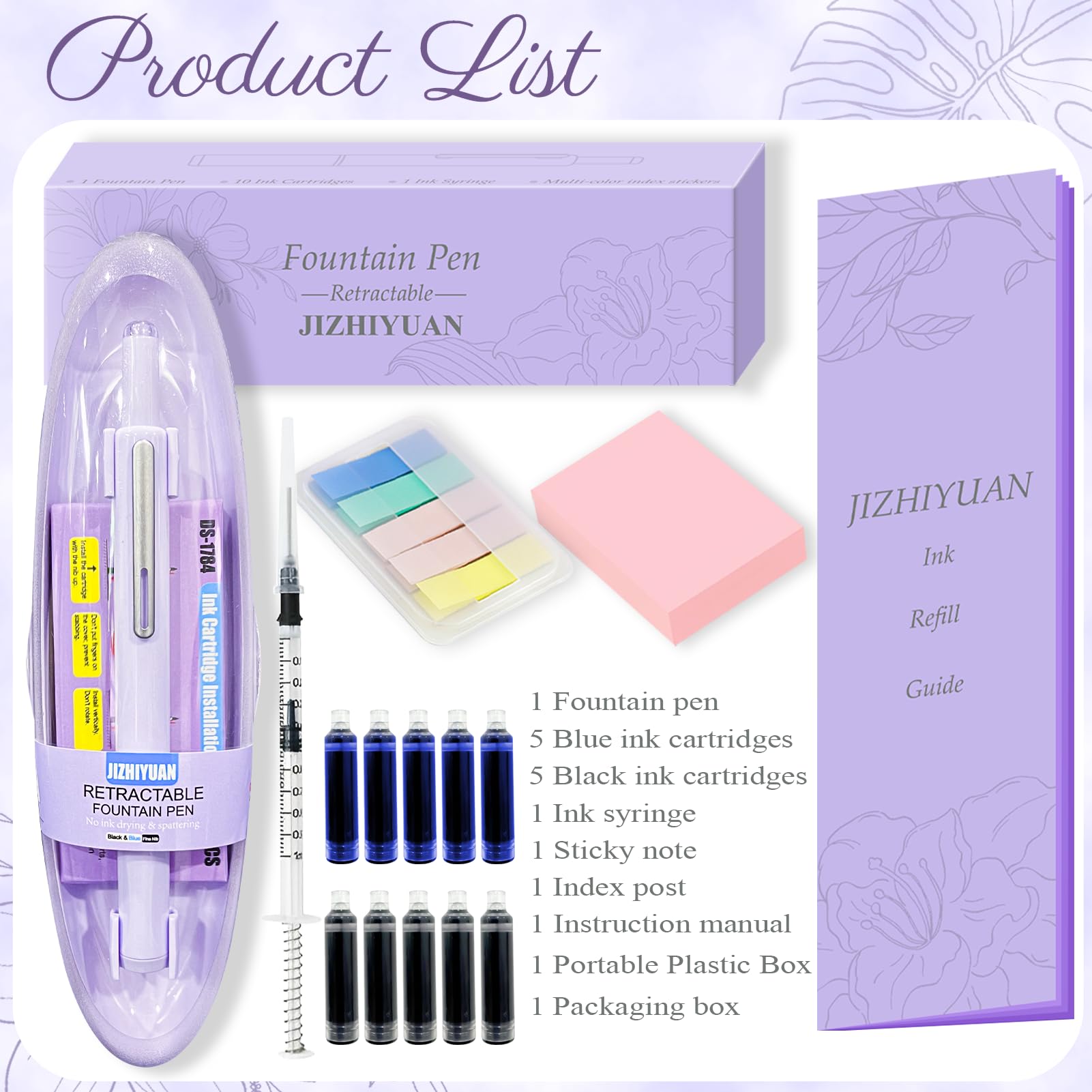 JIZHIYUAN Juego de pluma estilográfica retráctil de punta fina para caligrafía, diario, bocetos, incluye 5 cartuchos de tinta negra y 5 azules, notas adhesivas, pestañas de índice, jeringa de tinta,