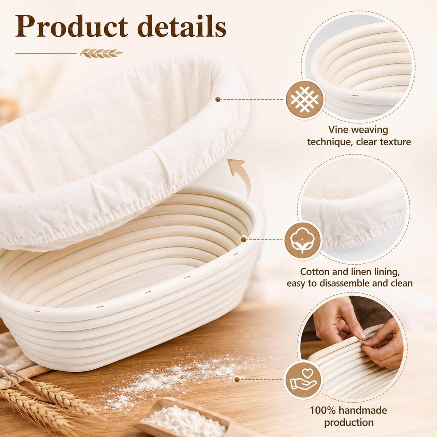 6 Pack 10 Inch Oval Banneton Proofing Basket Set, Sourdough Basket Bulk Oval Banneton Baskets with Liners Natural Rattan Dough Baking Bowls for Making Baking Fermentation Tools