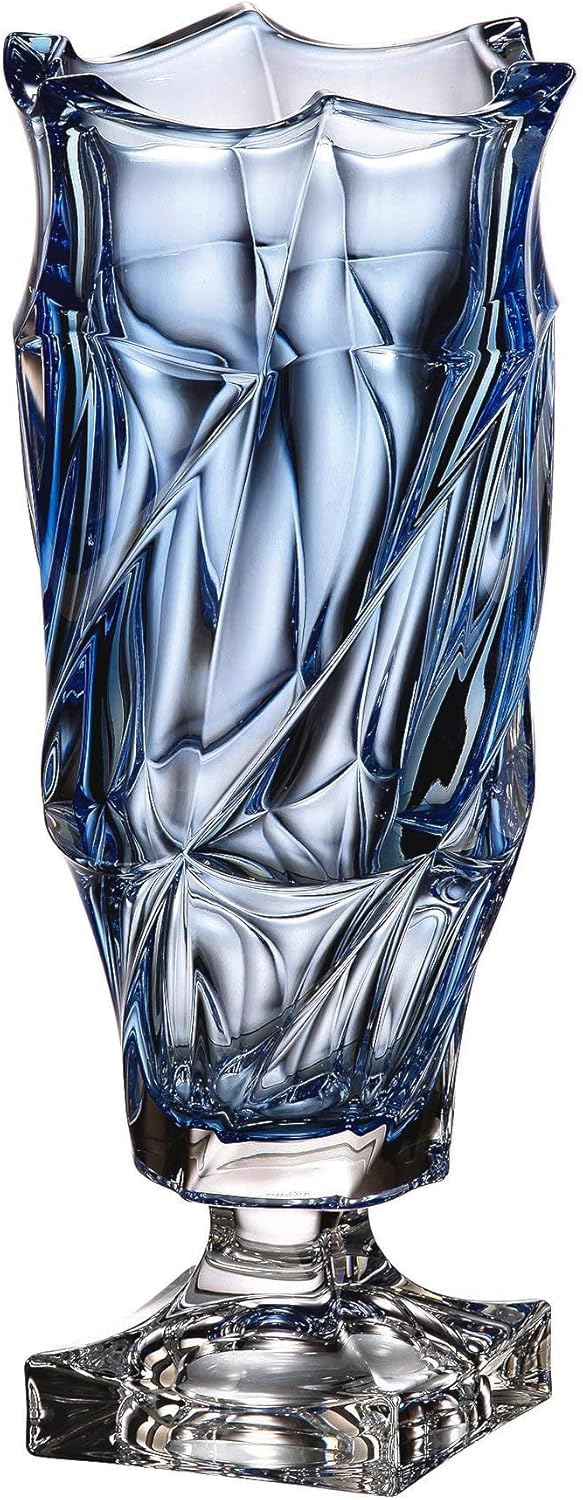 Czech Crystal Glass Footed Vase 15''-Height Blue ''Flamenco'' Design Elegant Centerpiece Flower Vase Classic Decorative Gift Home Decor Birthday Wedding Housewarming Anniversary