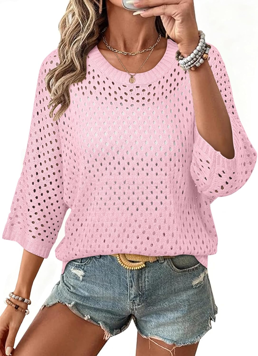 SHEWIN Womens Sweaters Crew Neck 3/4 Length Sleeve Crochet Tops Knit Beach Cover Ups Spring Outfits for Women
