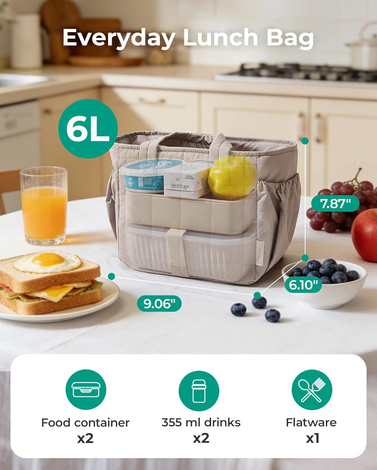 BAGSMART Lunch Bag for Women Small Cute Quilted Lunch Box Insulated Lightweight, Leakproof, Durable & Reusable Tote Bag for Work, Travel, Outdoor, Nude Pink