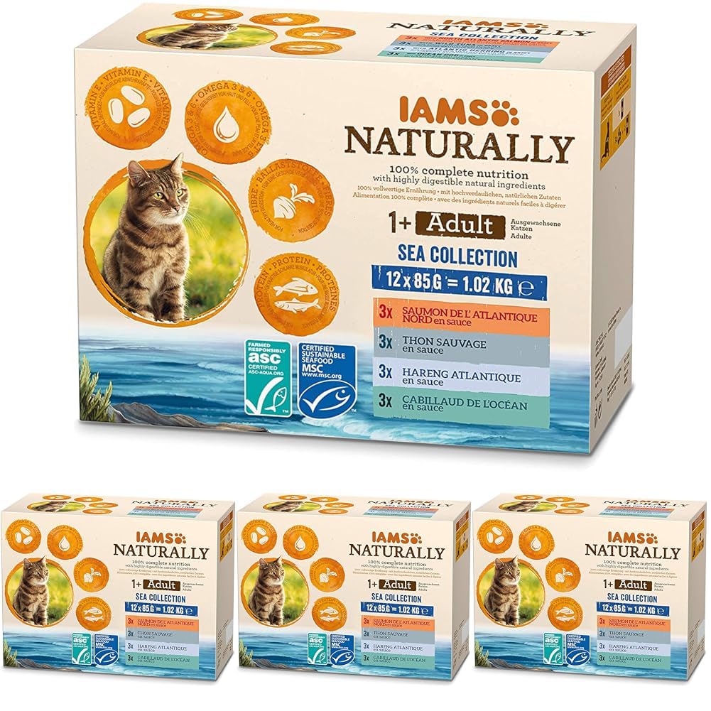 IAMS Naturally Katzenfutter Nass in Sauce - hochwertiges Nassfutter mit Fisch für Erwachsene Katzen, Sea Collection, 12 x 85 g (Packung mit 4)