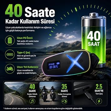 K16 2X Bluetooth Motosiklet Kask Interkomu, Bluetooth 6.0, Çift Yönlü Konuşma, HD Ses, Gürültü Azaltma, 1200 Metre Menzil, 40 Saat Pil Ömrü, Type-C Şarj, Tüm Kasklarla Uyumlu