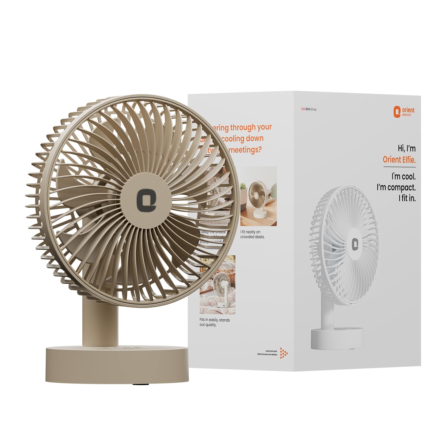 Orient Electric Elfie Rechargeable Personal Fan | 90° Adjustable Airflow | 1800 mAh Battery | 4 Speed Modes | Quiet Operation | USB Type-C Charging | Compact Mini Fan (Beige)