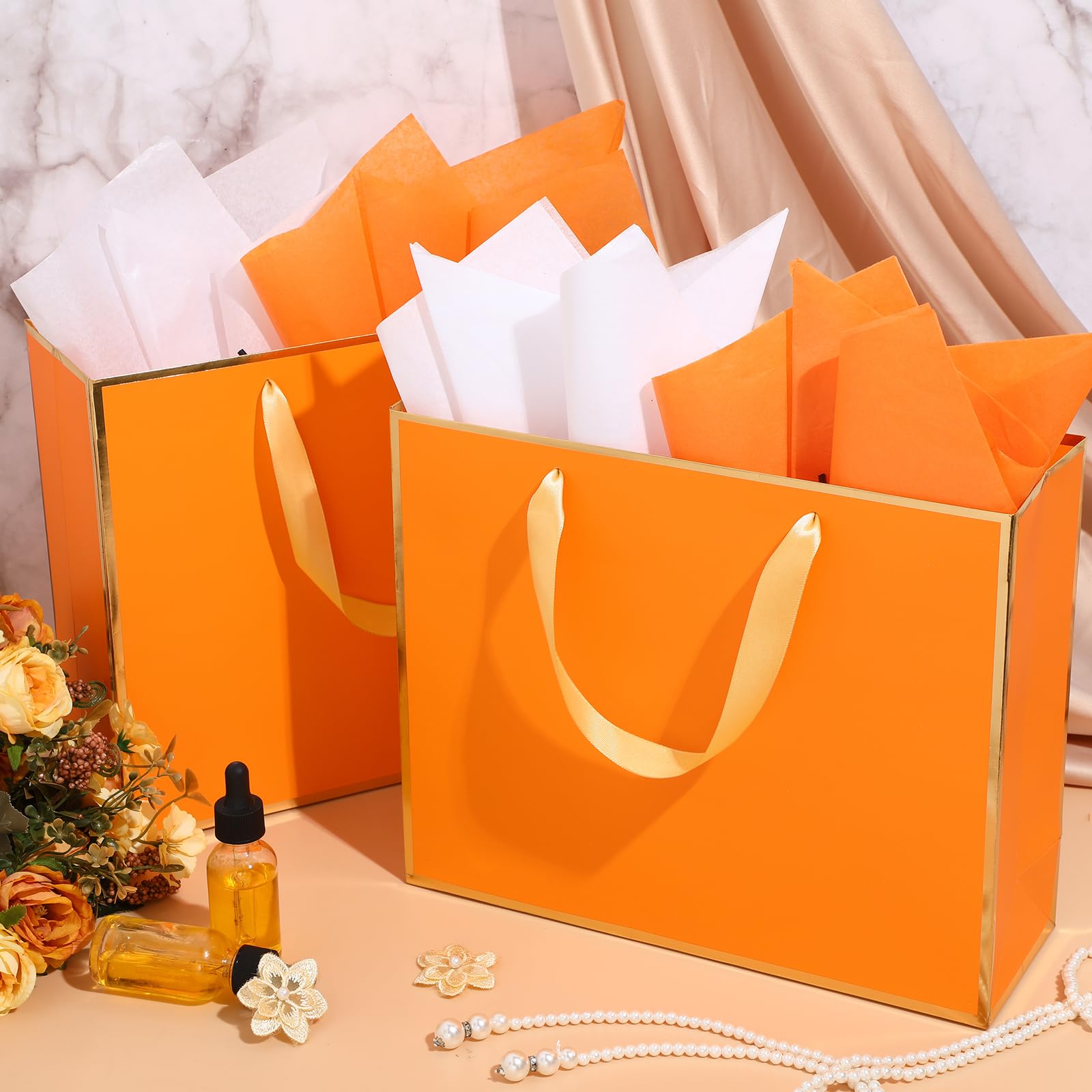 ReliThick 12 Pack Metallic Paper Gift Bag with Handles and Tissue Paper 11.8 x 10 x 4'' Thank You Favor Bag for Graduation Mother's Day Wedding Bridesmaid Groomsman 5 Senses Gifts (Orange,Gold)