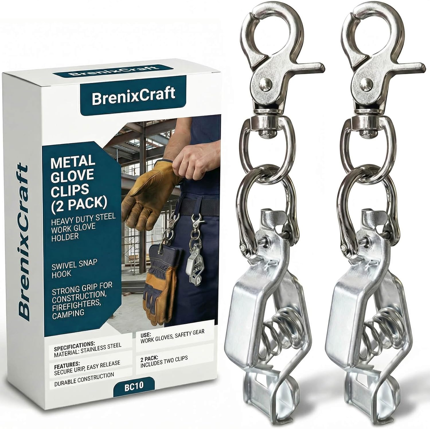 Metal Glove Clips, Heavy Duty Steel Work Glove Holder with Swivel Snap Hook, Strong Grip for Construction, Firefighters, Camping and Outdoor Use