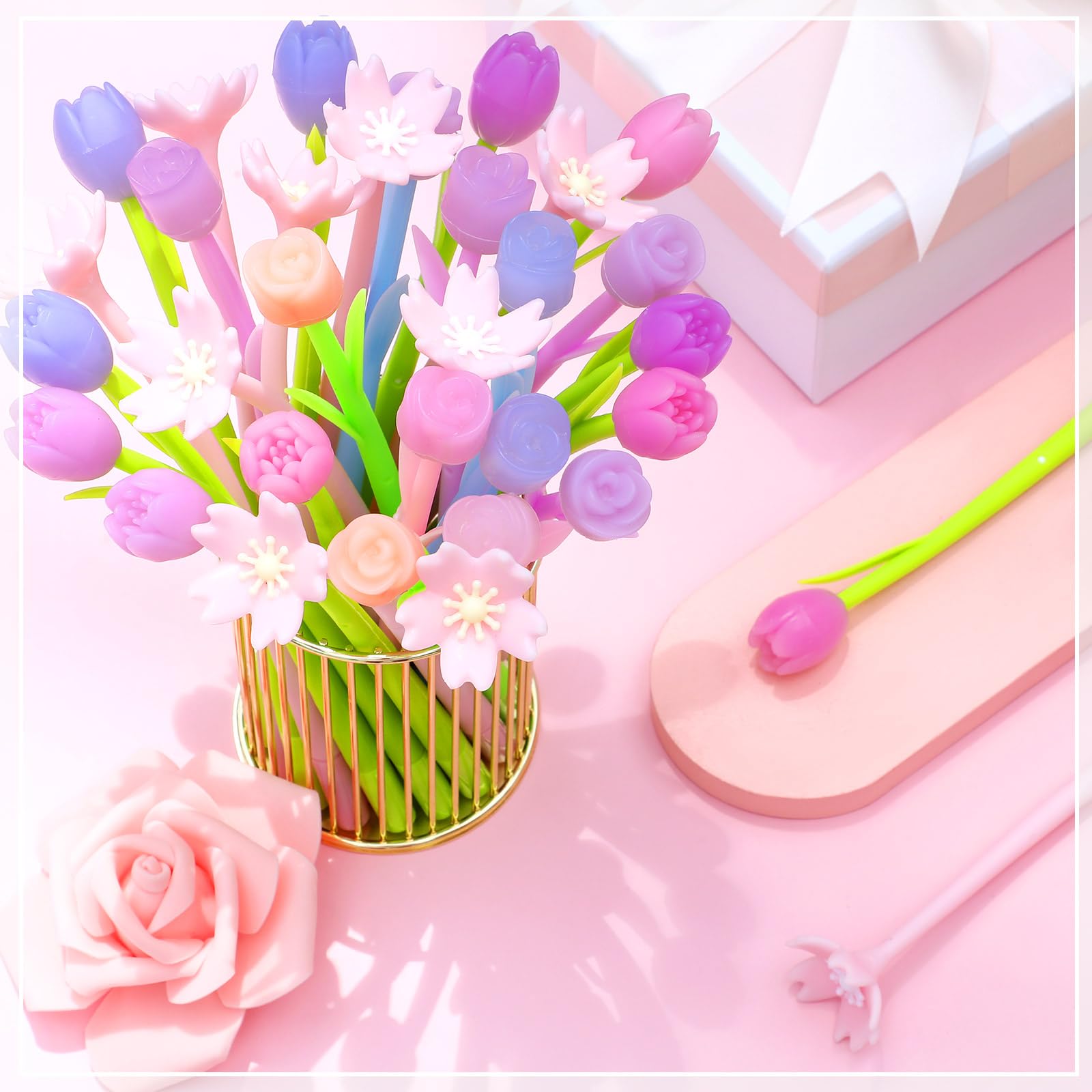 Teling 100 Stück Farbwechsel-Tulpen-Stifte, Gel-Tintenstift, Großpackung, Kugelschreiber, Kawaii-Kugelschreiber für Schule, Zuhause, Büro, Kinder, Mädchen, Geschenke, Schwarz, 0,5 mm (gemischte