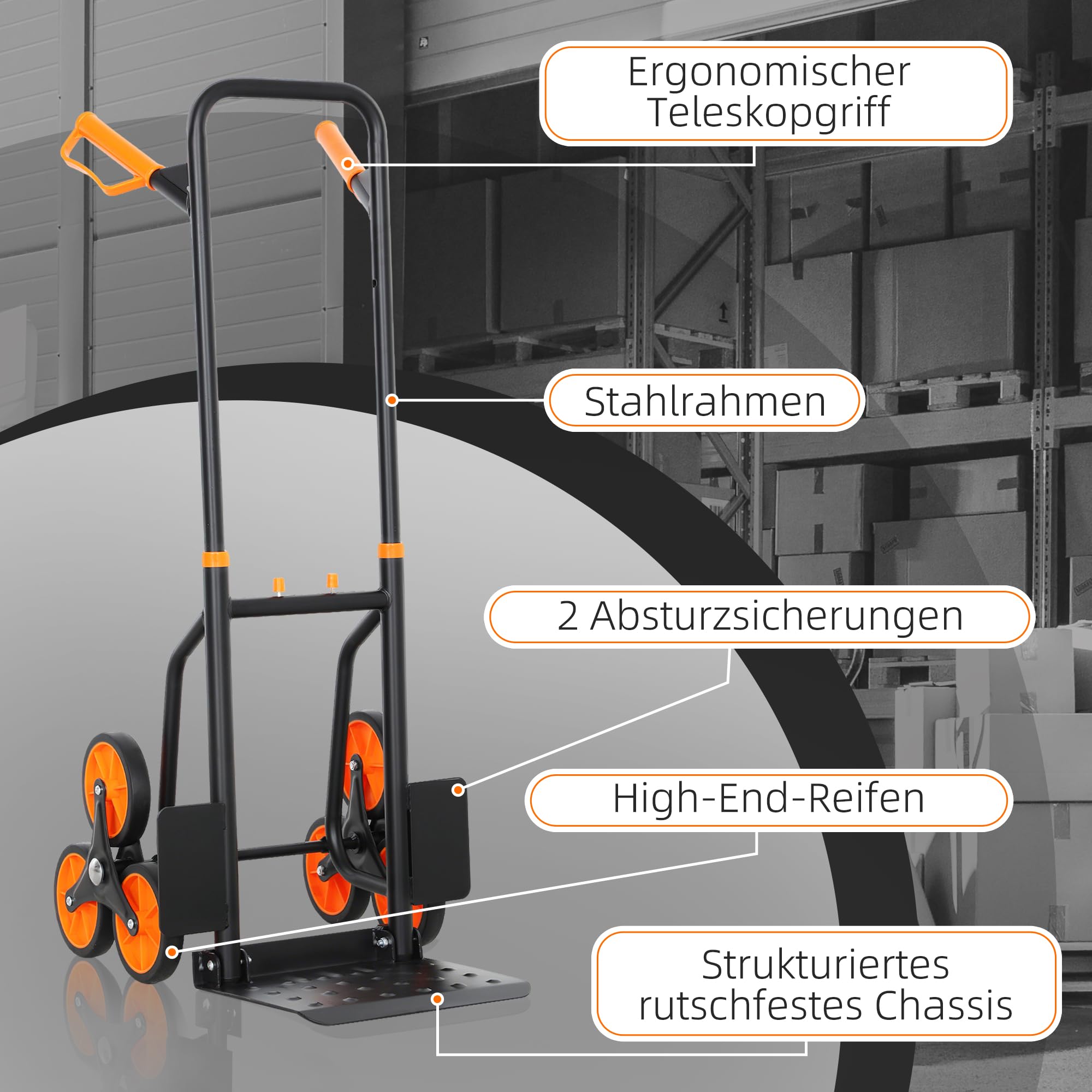 DURHAND Carretilla Sube escaleras Pesada Plegable 120kg Naranja | Sobre ruedas, saco multiusos, carretilla de acero para mudanza