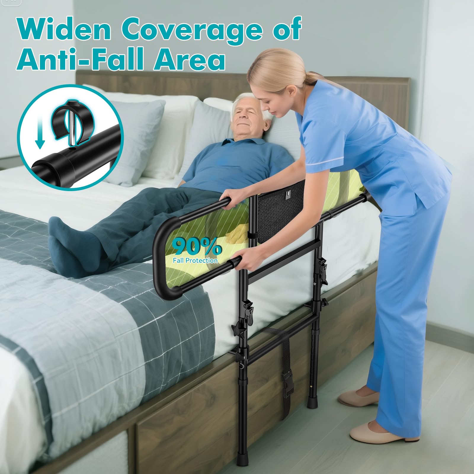 FORTEMOTUS Sponde Letto Anziani, Barriera Letto con Regolabile Sponde Ribaltabile, Borsa, Anticaduta y Supporto per Alzarsi dal Letto per Adulti, Disabili (Spessore Materasso 15-40 cm)