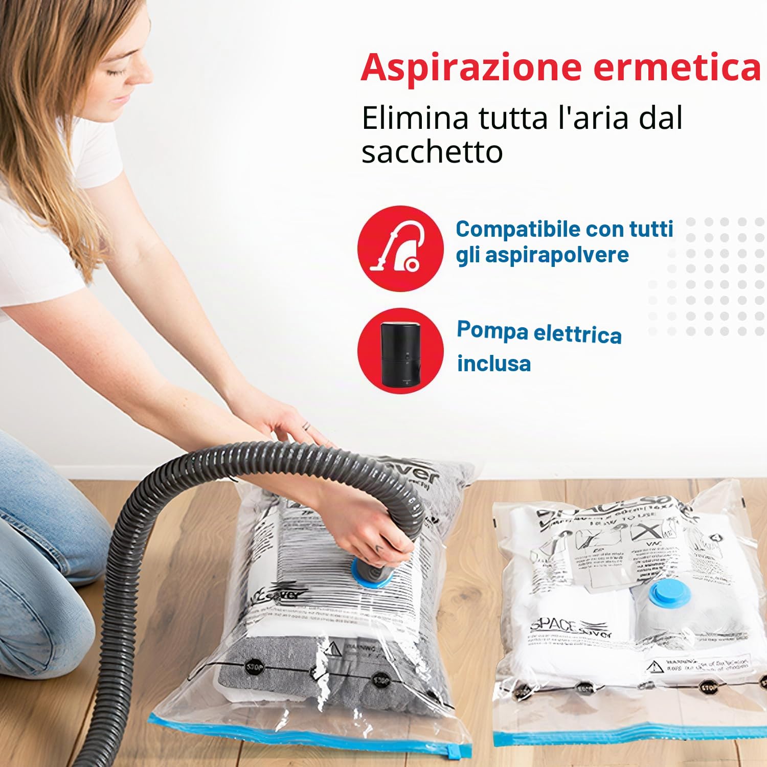 Spacesaver Premium Sacchetti Sottovuoto, 80% in più di Stoccaggio, Pompa a Mano per Viaggio, Doppia Chiusura, Tripla Valvola Turbo-Guarnizione per il Massimo Risparmio di Spazio-Medi 4 Pezzi