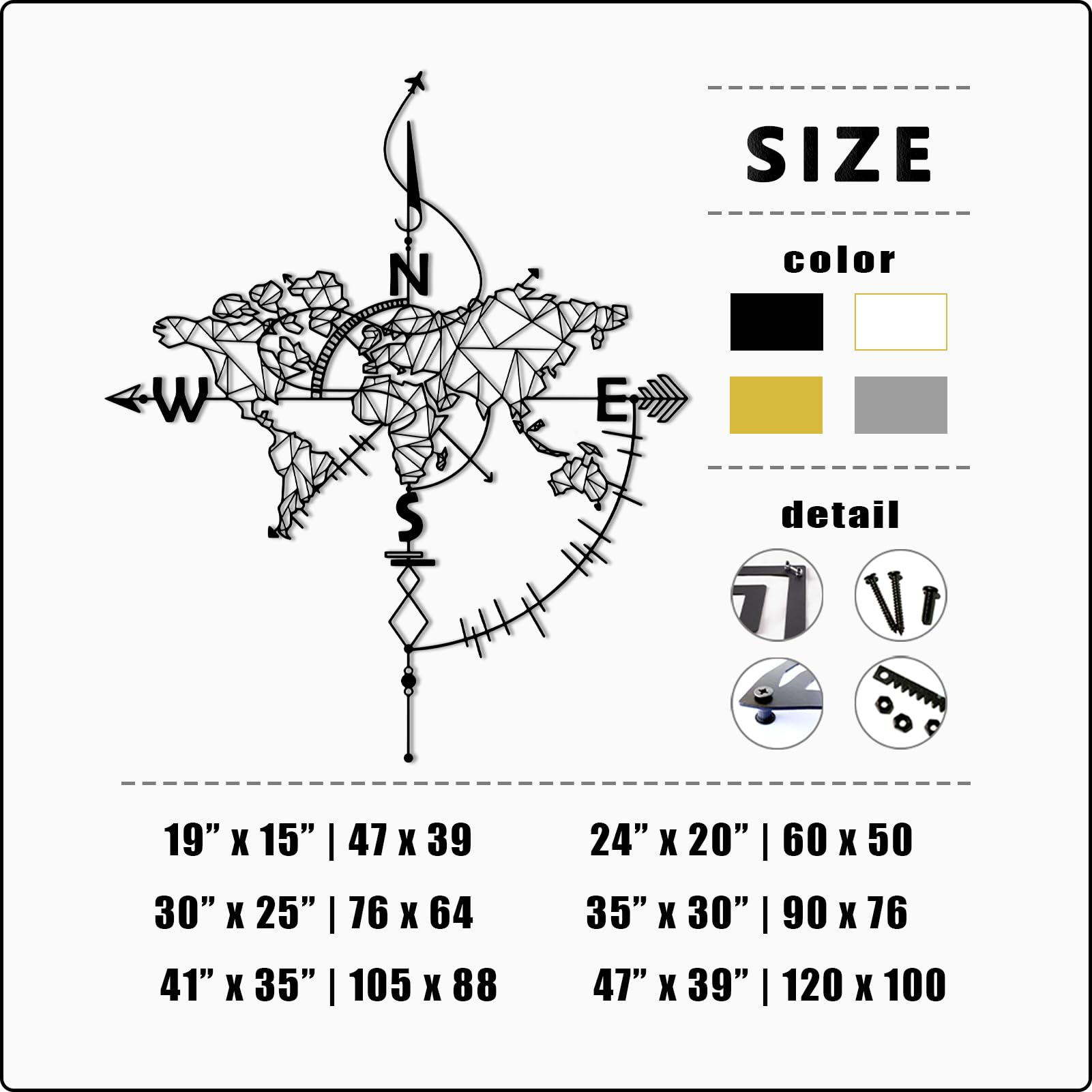 Mapa del Mundo de Metal Dorado para Pared, brújula de Metal, decoración Moderna para Oficina y hogar, Escultura Moderna para Sala de Estar, Dormitorio, Pasillo y escaleras (Dorado, 47" de la