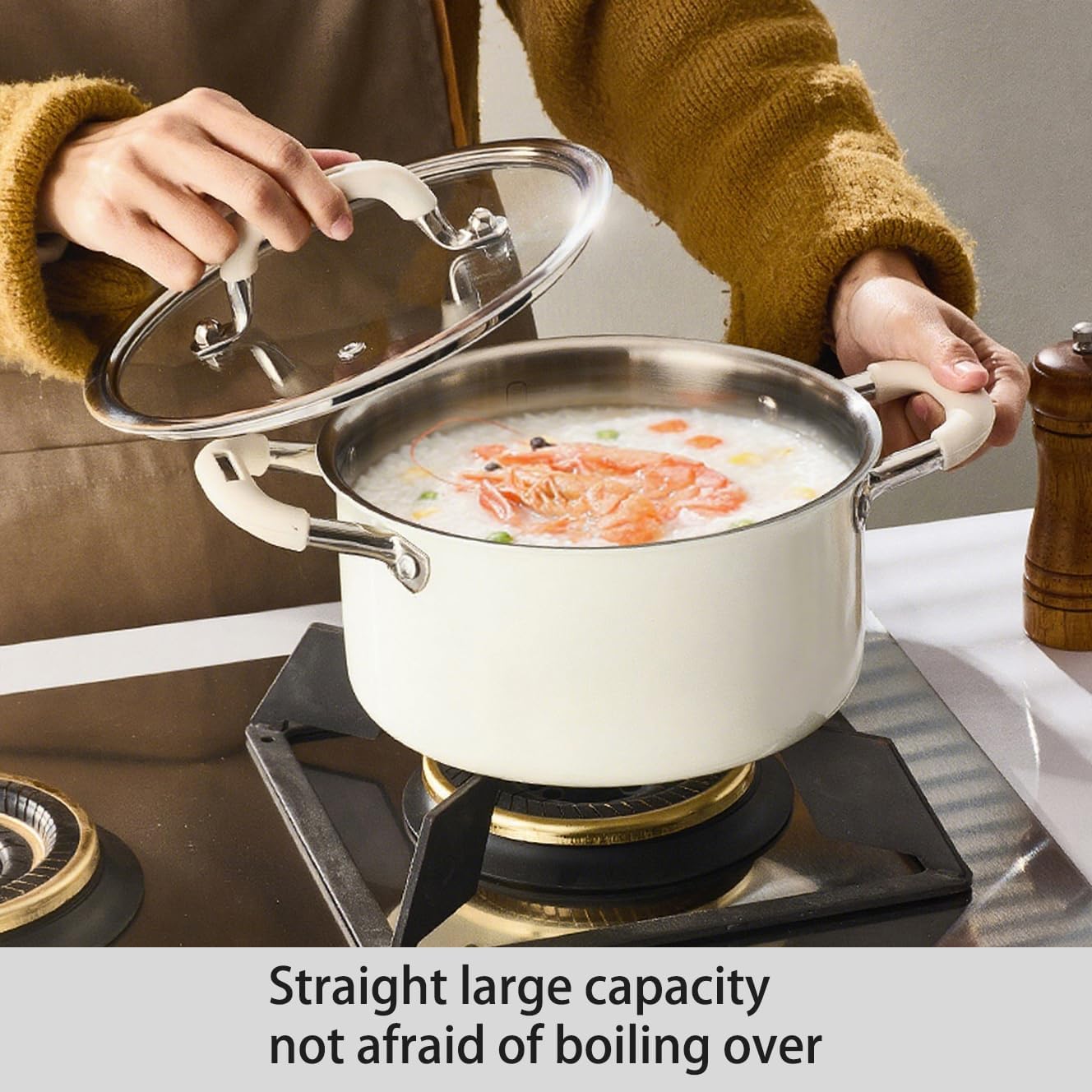 Domini Ceramic Stainless Steel（304）Saucepan with Steamer,Soup pot with Glass Lids，Sauce Pot with Triply Bottom Induction Compatible for All Cooktops,4QT(Steamer）