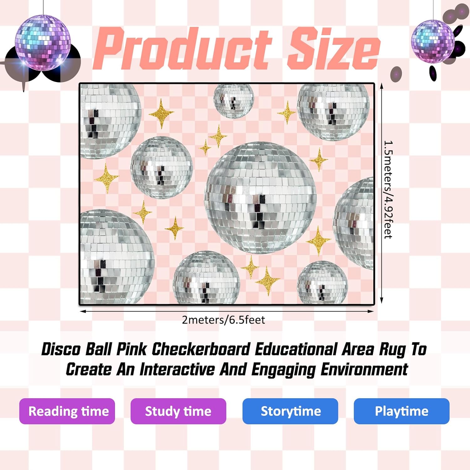 Nuanchu Disco Ball Classroom Area Rug 6.56 x 4.92 Ft Pink Checkerboard Educational Area Rug for Kids Room Pink Base Pastel Play Carpet Shine Disco Ball Star School Carpets for Teaching and Playroom