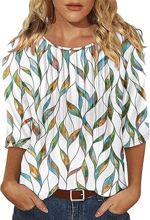 KISSMODA Tunic Tops for Women Loose Fit Dressy Round Neck Pleated 3/4 Length Sleeve Spring Tops