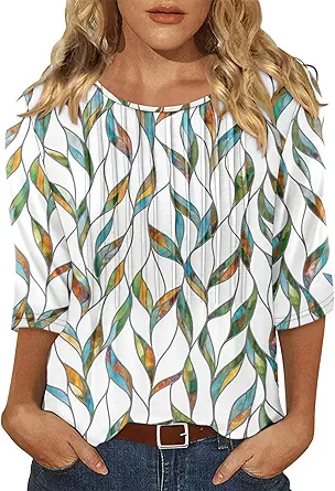 KISSMODA Tunic Tops for Women Loose Fit Dressy Round Neck Pleated 3/4 Length Sleeve Spring Tops