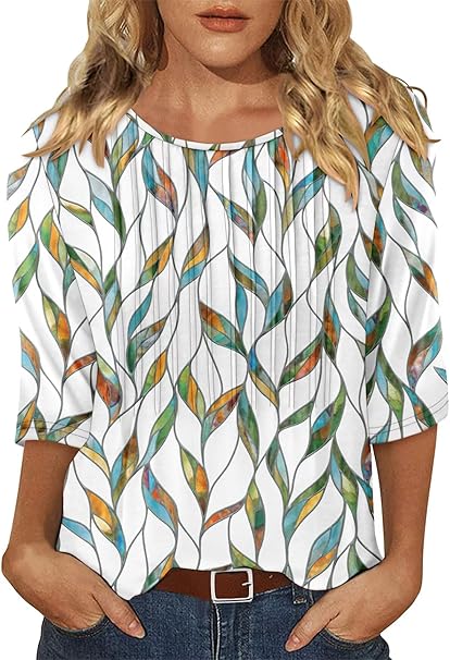 KISSMODA Tunic Tops for Women Loose Fit Dressy Round Neck Pleated 3/4 Length Sleeve Spring Tops