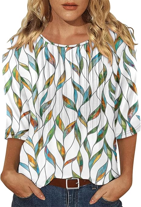 KISSMODA Tunic Tops for Women Loose Fit Dressy Round Neck Pleated 3/4 Length Sleeve Spring Tops