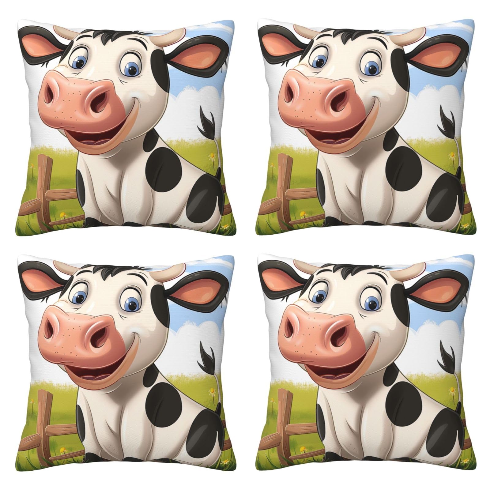 Cartoon Milk Cow Throw Pillow Cases 4 Pack Square Pillowcases Super Soft Pillow Protectors With Zipper for Couch Livingroom Sofa Bed Office Car,50x50 CM