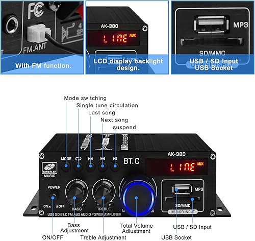 Miniatura 4 de Amplificador de potencia de audio Bluetooth 5.0 AK-380 400W+400W 2.0 CH HiFi Stereo Amp Receptor con USB, SD, AUX, antena FM para coche, hogar, bar,