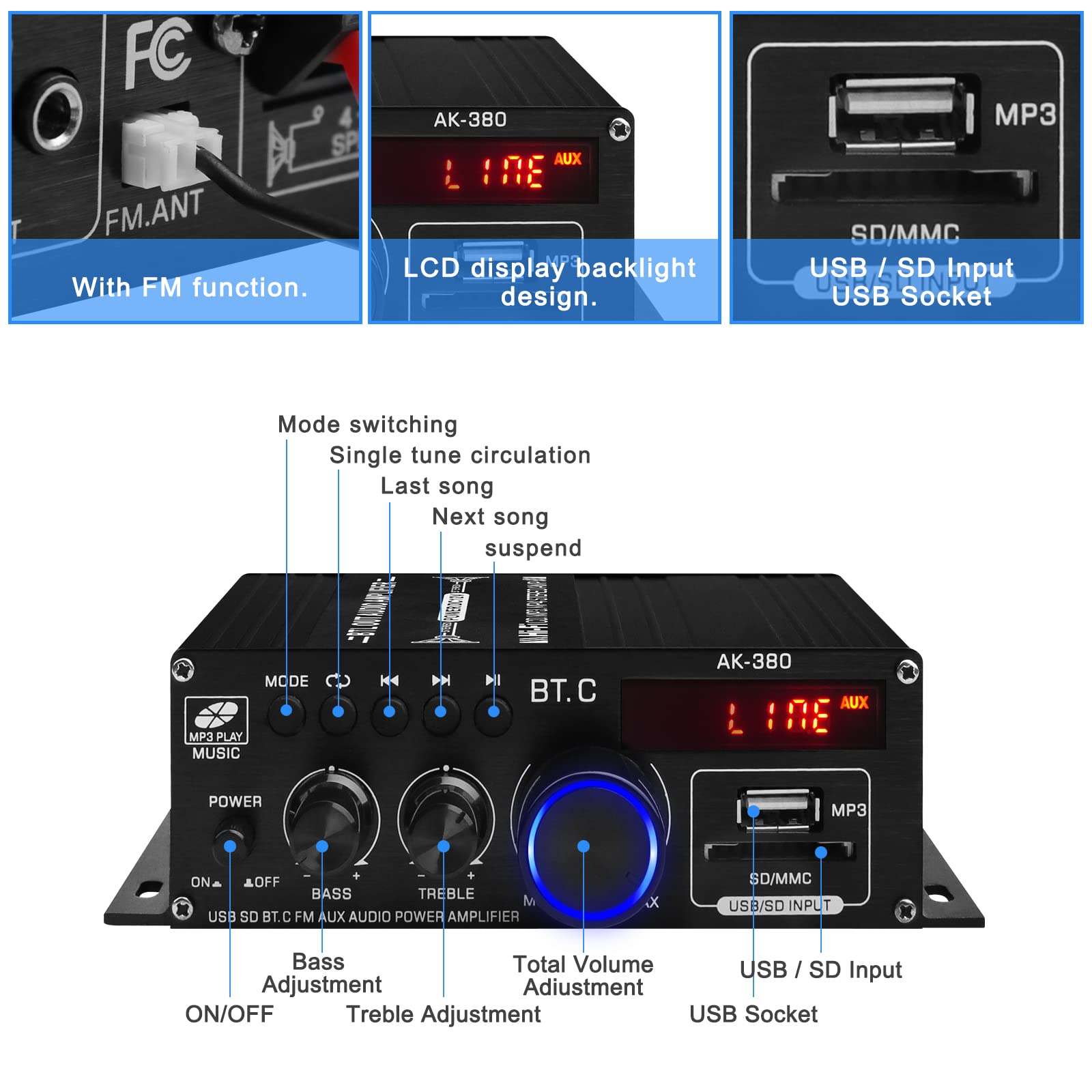 Amplificatore Bluetooth 5.0 AK-35, RMS 30Wx2 (max 200W), HiFi Con Ingressi USB/RCA/MIC/FM E Telecomando, Per Auto E Home Cinema