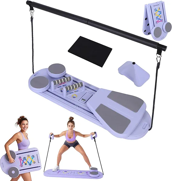 Pilates Board, Foldable Pilates Reformer Machine for Home Workout, 6-in-1 Portable Folding Shaper Pilates Equipment, Multi-Purpose Pilates Floor Board with Digital Display