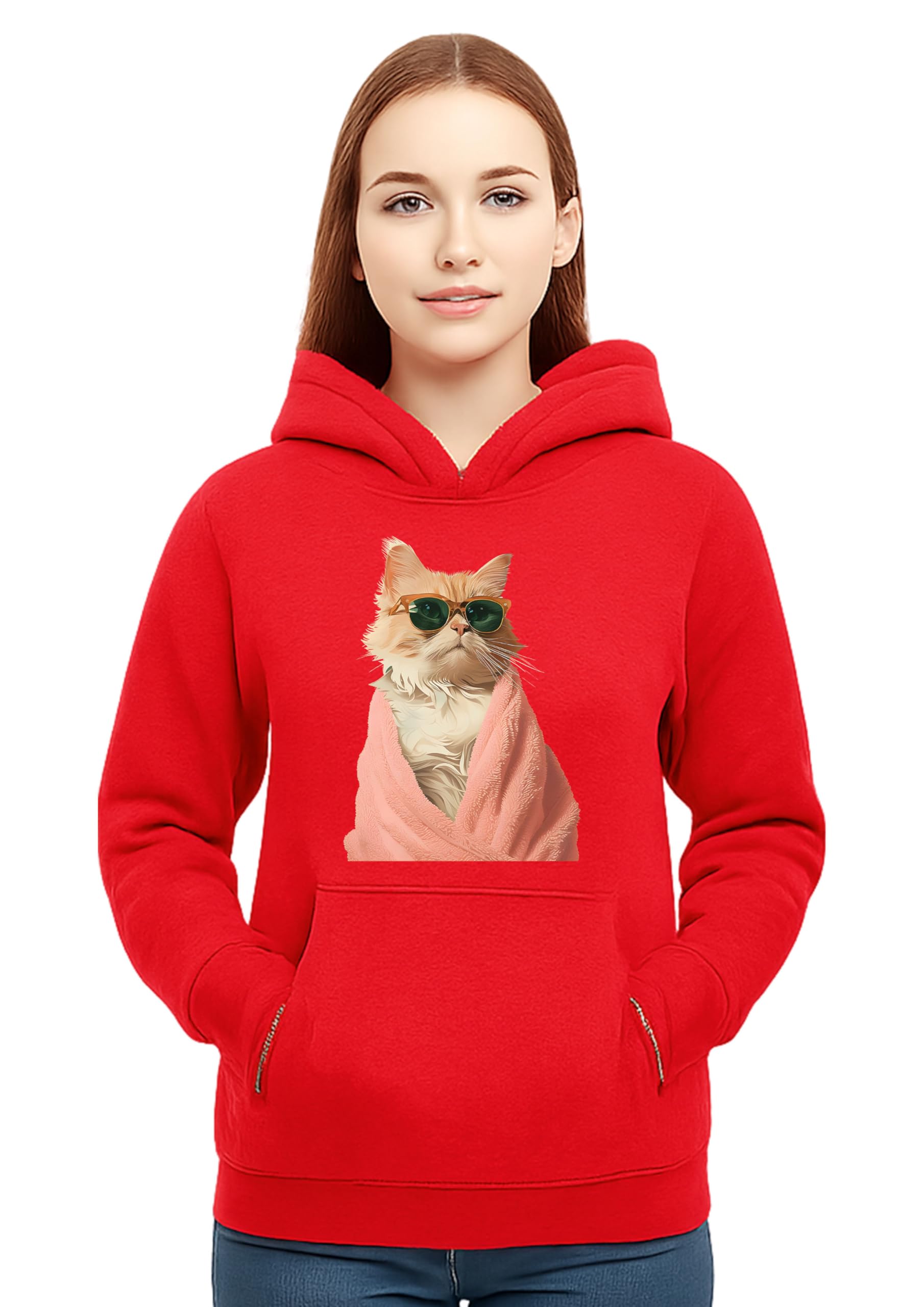 Cotton Pullover Sweatshirt Hoodie with Sunglasses Cat Print Design,-image-20