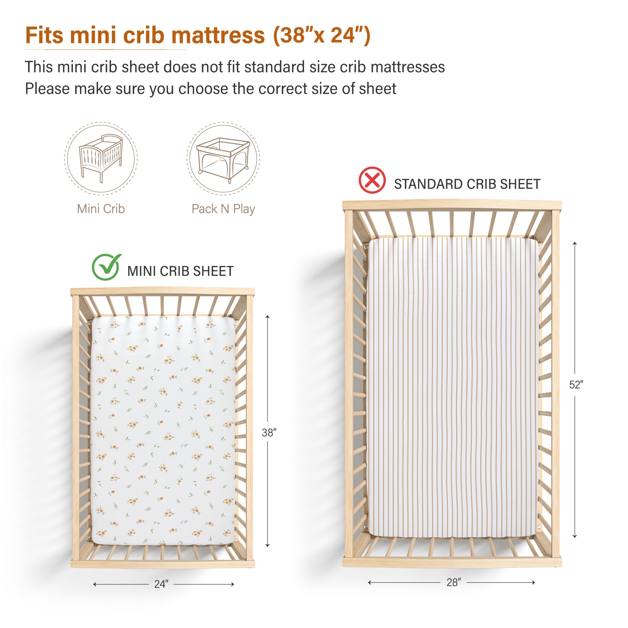 Meracorallo Muslin Mini Crib Sheet, Pack n Play Fitted Sheet, Soft and Breathable Pack and Play Playard Mattress Sheet for Baby Boys and Girls (Neutral Stripe)