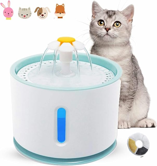 Cat Water Fountain, Ultra Quiet Fountain Cat Bowl with Water Level Window & LED Light, Automatic Pet Drinking Fountain with 1 Carbon Filter (White)