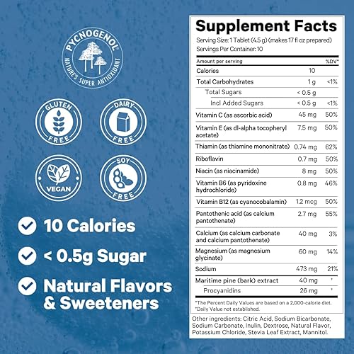 Miniatura 6 de Comprimidos efervescentes antijet lag, recuperación de energía e inmunidad para viajes, trabajo y fiesta. Picnogenol, vitaminas y electrolitos. 10