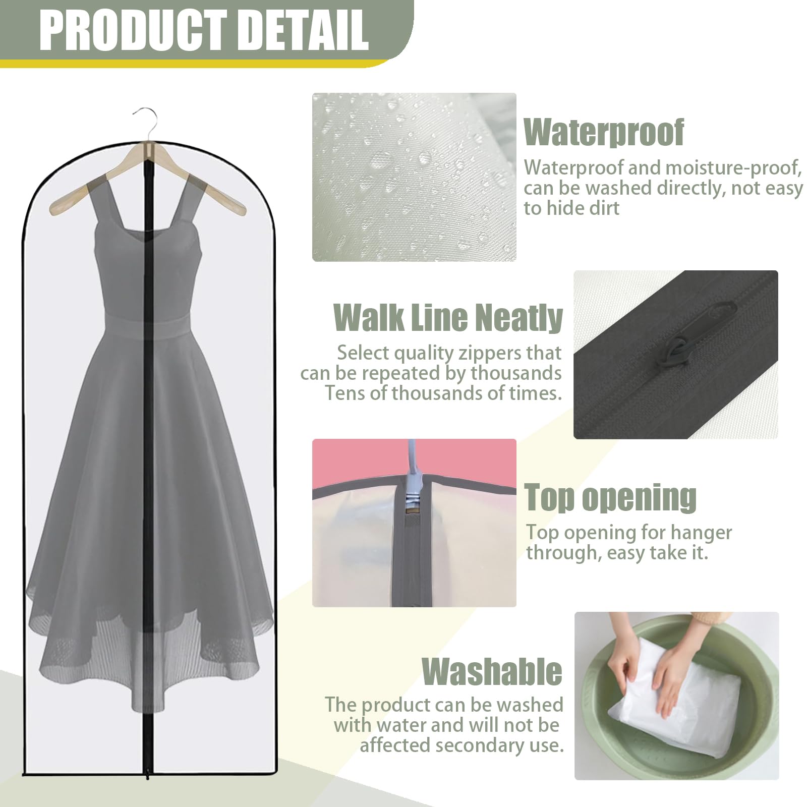 4Pcs Long Transparent Dress Bag Cover 60cm x 140cm - Full Length Garment Cover with Black Zipper for Wedding Gowns and Women's Dresses - Image 3