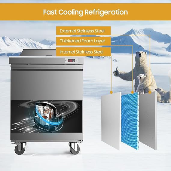 29 Commercial Refrigerator Sandwich&Salad Prep Table Fridge with 8 Pans 1 Door Stainless Steel Counter Fan Cooling Refrigerators