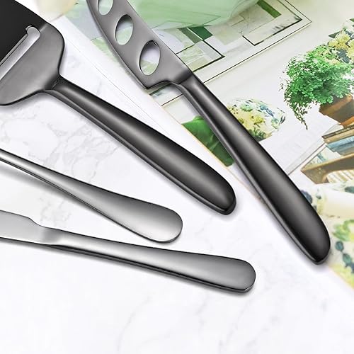 Miniatura 5 de Juego de 8 cuchillos de queso negro con cuchillo de comedor, tenedor, cuchara de acero inoxidable, multifuncional, utensilios de cocina, utensilios