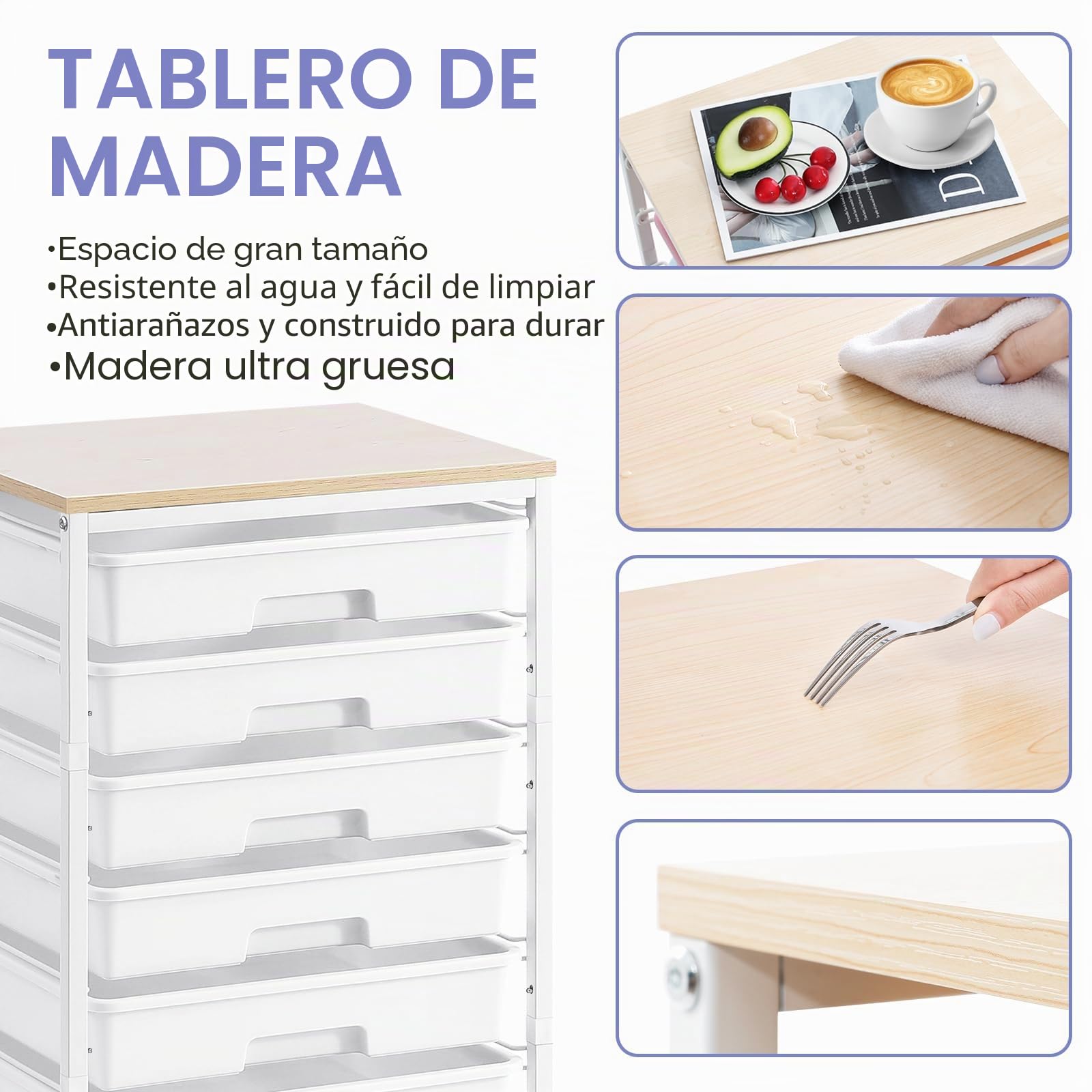 SYKIARIOL Carro de baño con 8 cajones, carro con cajones y rollos con tablero de madera para sala de estar, dormitorio, oficina, gran capacidad, carro de manualidades, blanco