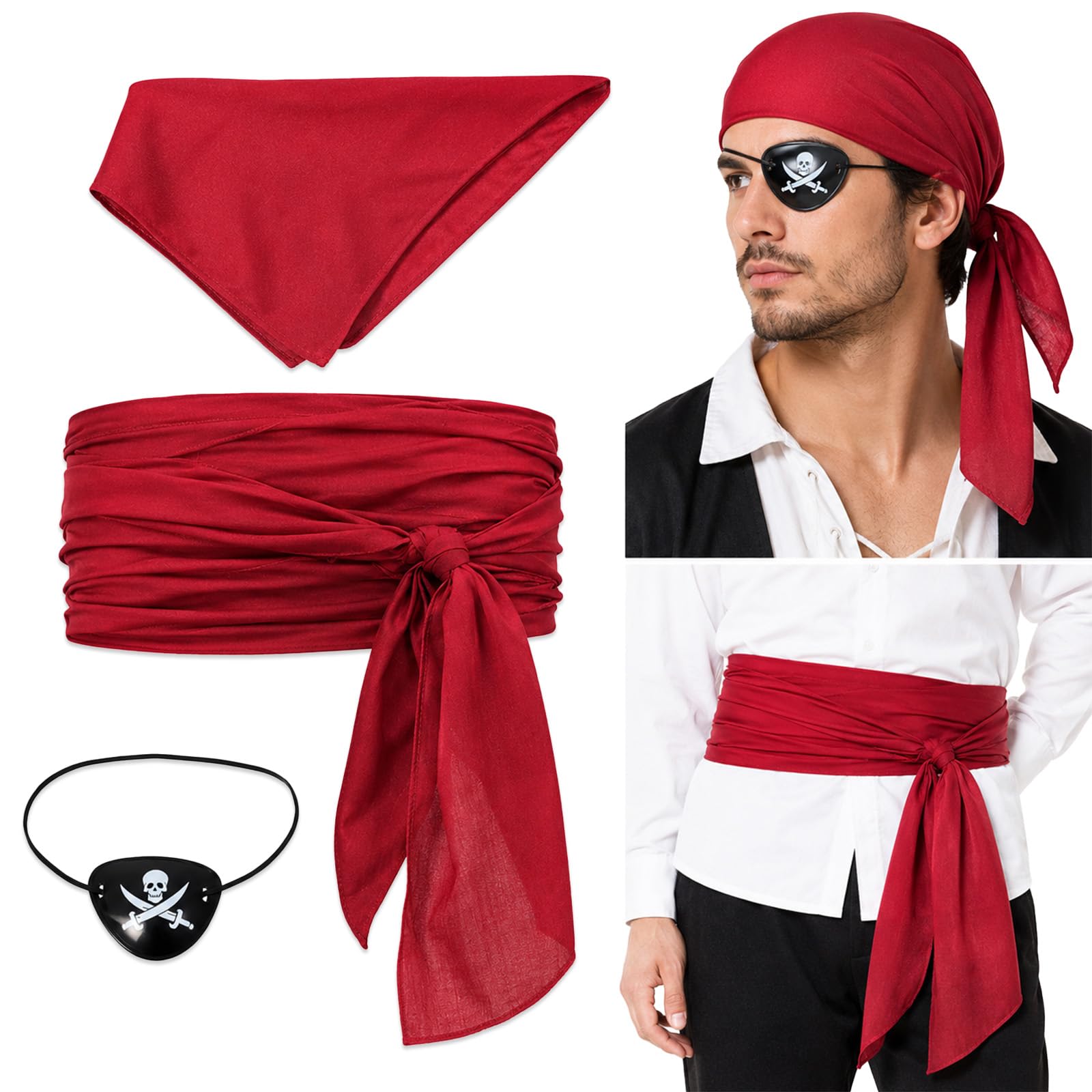 3 PCS Pirate Costume Accessories Set For Pirate Bandana, EyeMask & Red Sash