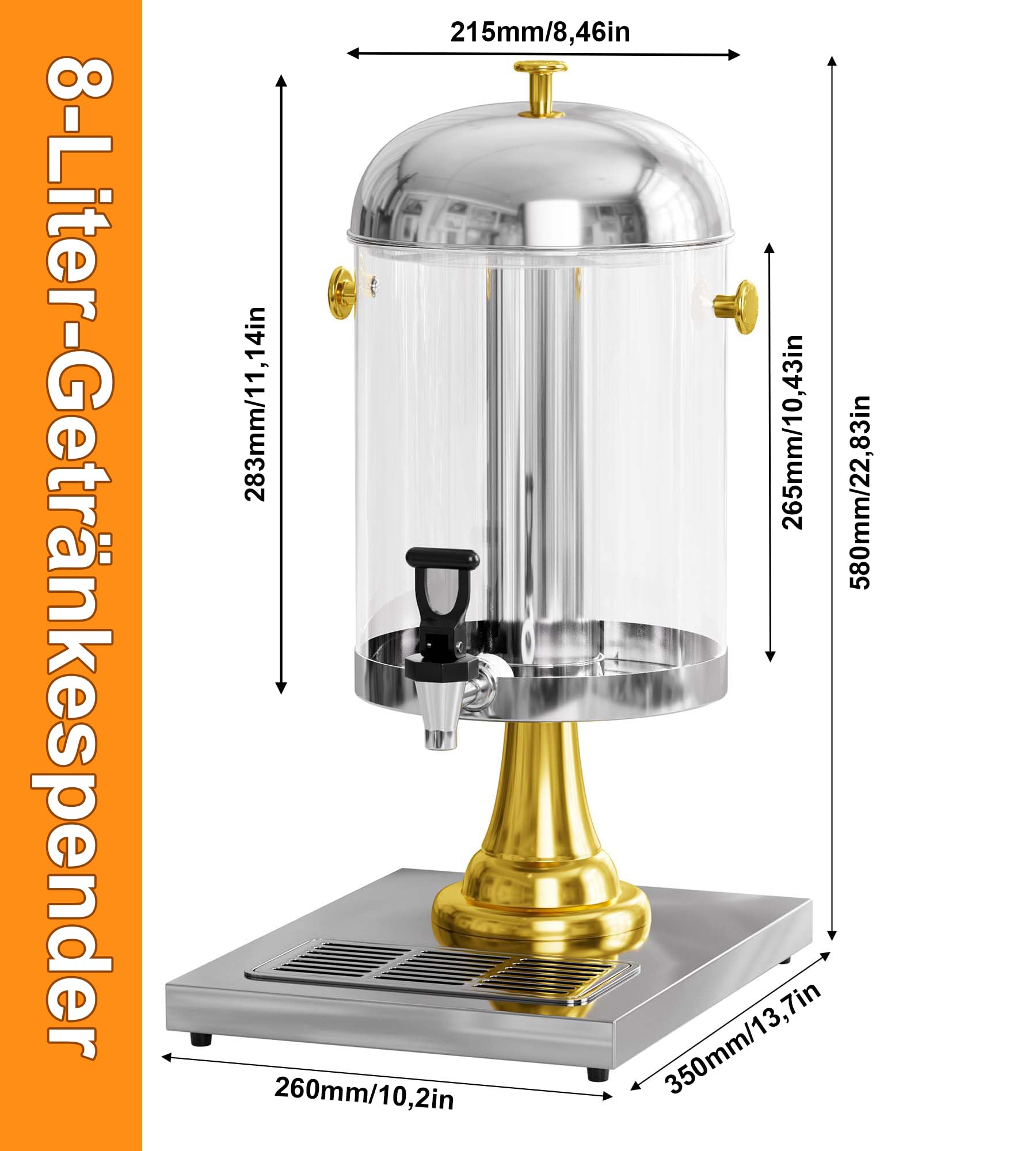 MYOYAY Saftspender mit Kühlelement Saft-Dispenser 8L Getränkemaschine mit Basis und tropfsicherem Zapfhahn Edelstahl Getränkedispenser für Speisesaal Party und Küche