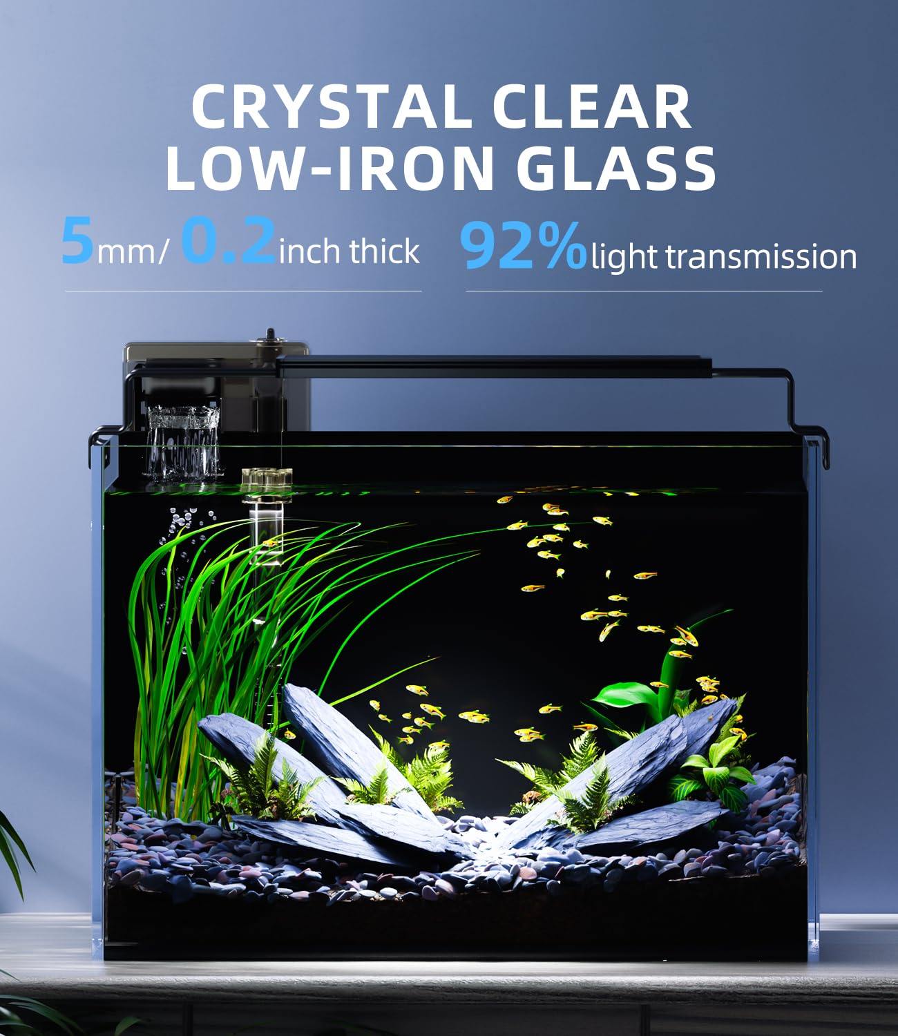 Kit acquario acquario 5 galloni con filtro, luce LED con timer, sifone aspirapolvere, coperchio, vetro autopulente senza montatura Betta Tank