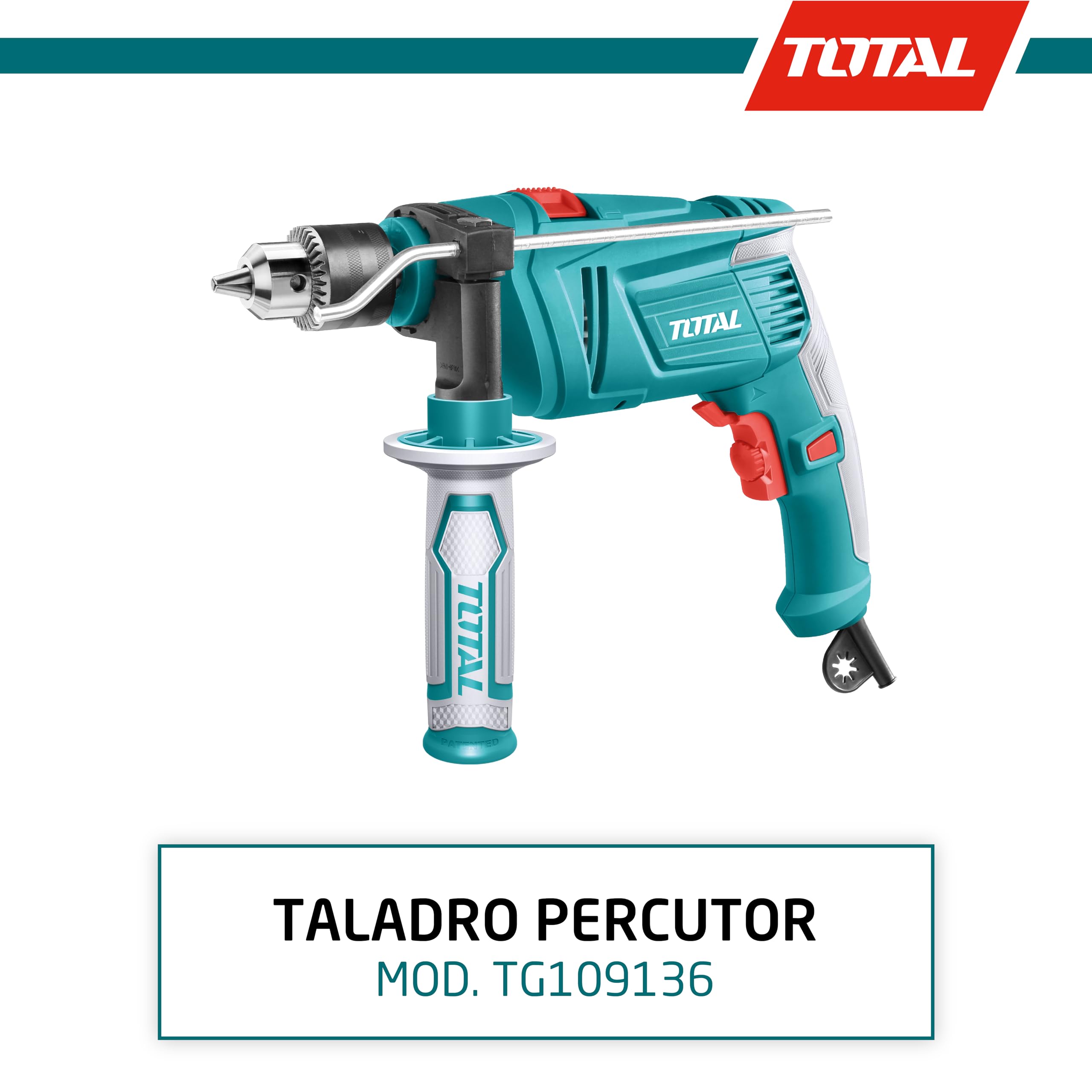 TOTAL - Taladro Percutor de Cable con Potencia de 850 W - Portabrocas Manual con Capacidad de 13 mm - Velocidad Variable - Velocidad sin Carga 2700 rpm | Control de velocidad variable, avance/retroceso y bloqueo para perforar hormigón, ladrillo, madera, p