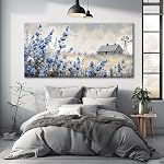 Canvas Wall Art – Farmhouse Country Landscape with Blue Wildflowers and Rustic Barn – Vintage Windmill Field Print – Modern Farmhouse Wall Decor for Living Room, Bedroom – Ready to Hang 100x50cm