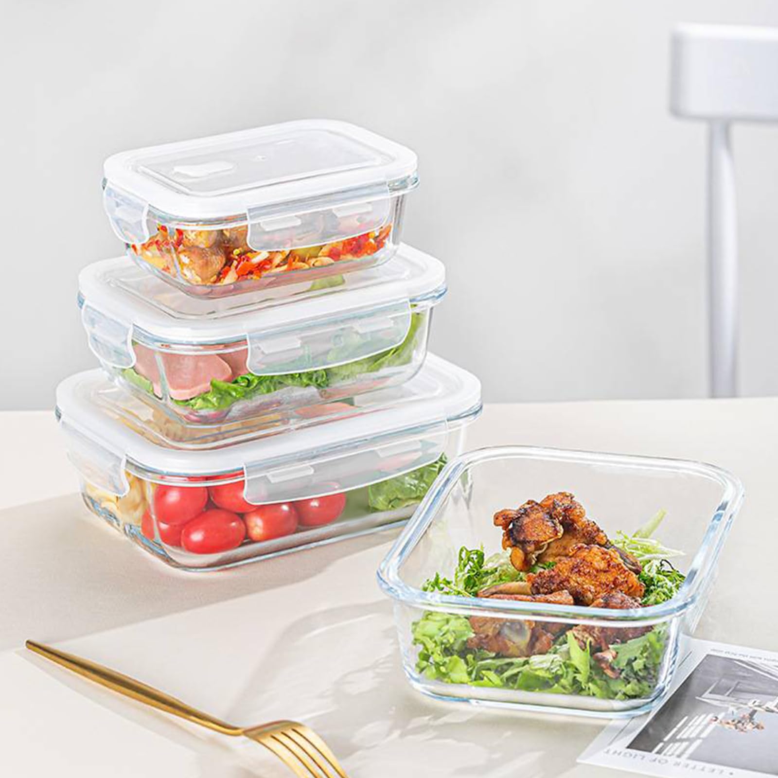 Frischhaltedosen aus Glas mit Deckel, luftdicht, Salatbehälter für Mittagessen, Mahlzeiten, Zubereitung und Reste für Mikrowelle, Ofen, Gefrierschrank und Spülmaschine, 425 ml, 680 ml, 1050 ml