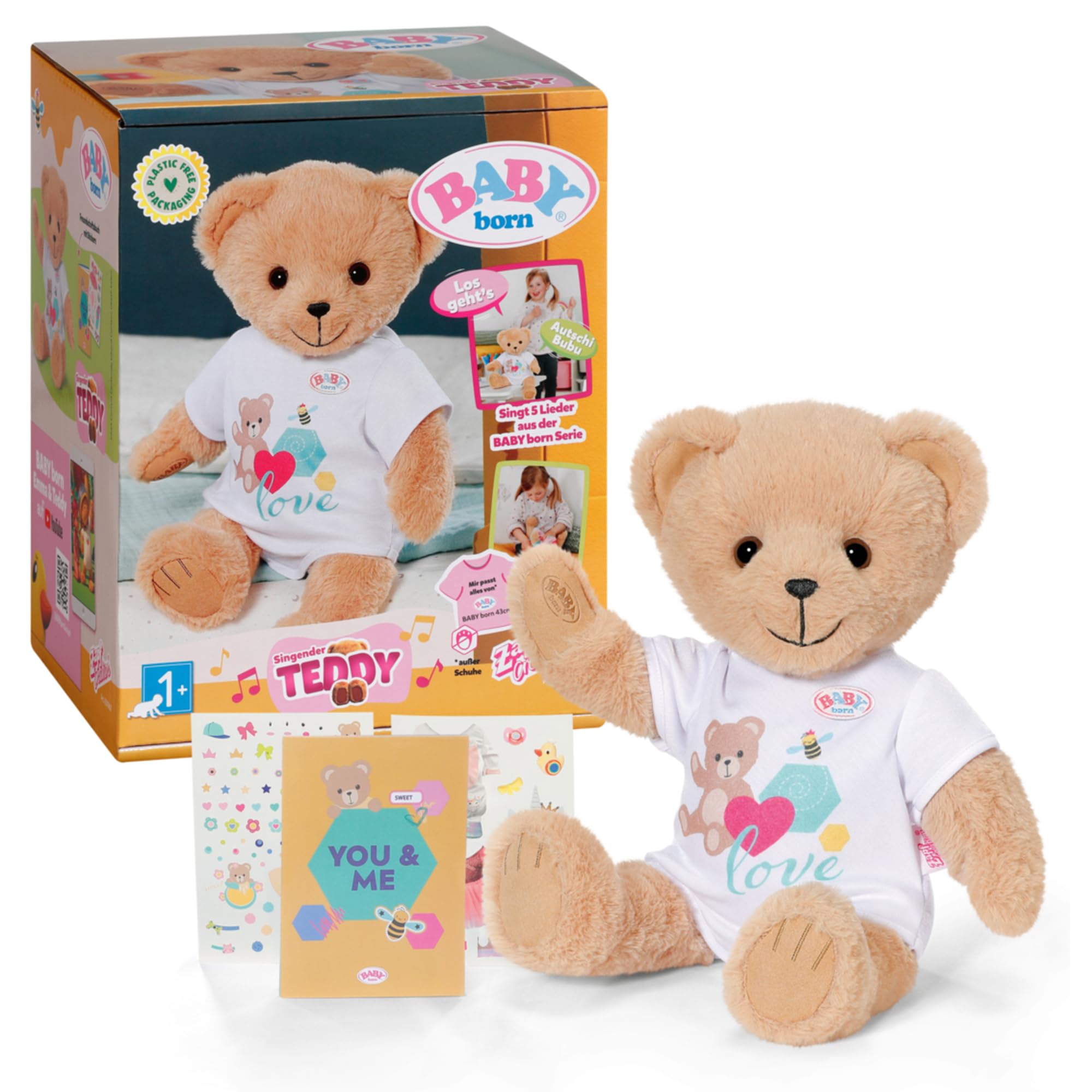 BABY born Teddy Chantant - Ours en Peluche avec Fonction sonore & grenouillère Blanche - Bras et Jambes Mobiles - Convient aux Enfants de 18 Mois et Plus - Chante 5 chansons allemandes de la série