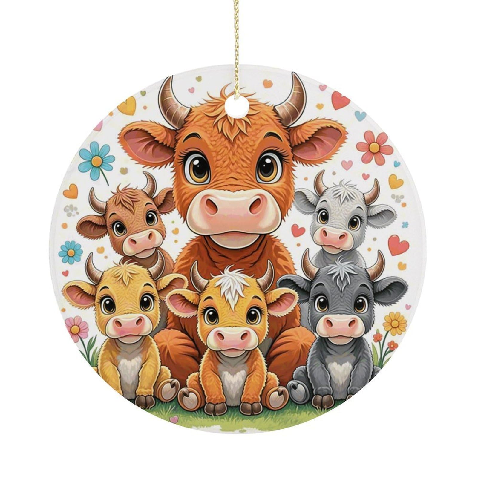 Personalized Christmas Ornaments 2025 Ceramic Hanging Cow Ornaments with Gold String Double-Sided Vintage Holiday Decorations for Tree Mantel Tabletop Xmas Party Favors