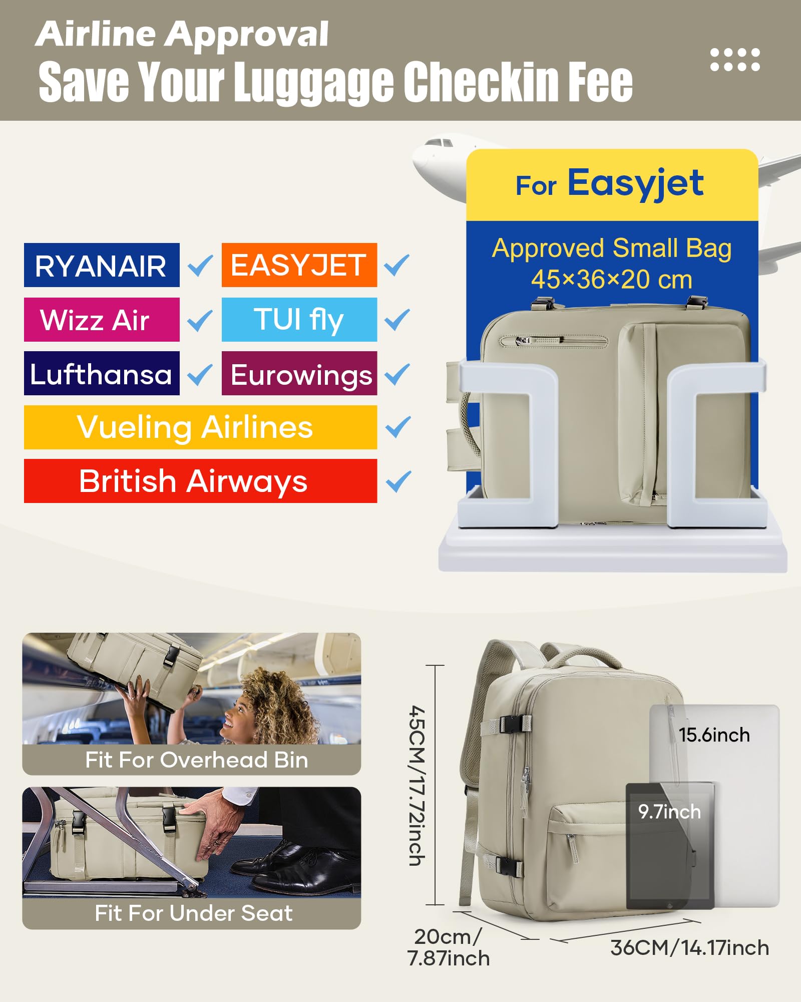 SZLX Zaino Ryanair 40x30x20 Sottovuoto con pompa Zaino Ryanair 40x20x25 Sottovuoto Bagaglio a Mano 40x30x20 Wizzair Zaino da Viaggio 45x36x20 Easyjet Donna Zaino Casual Laptop 14 Pollici Impermeabile