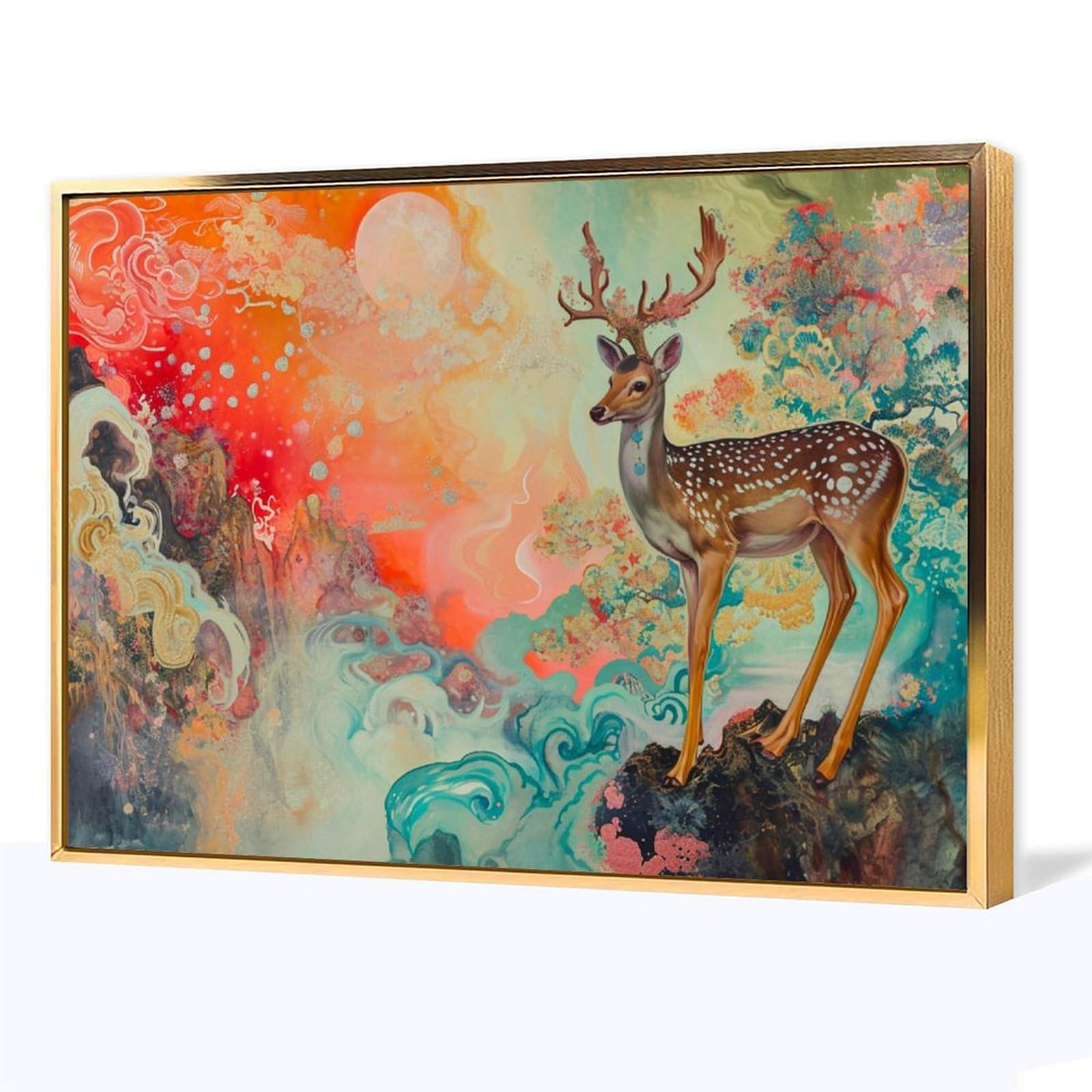 風景画 森と小川の白い鹿　　F10キャンバス 緑林の詩 - 版画家 小暮真望